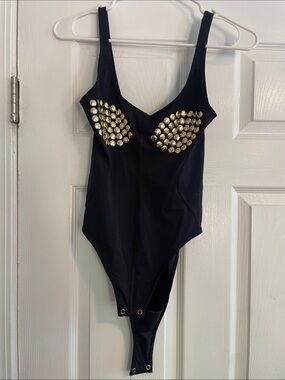 Good American Black Bodysuit with Gold Stud Accents